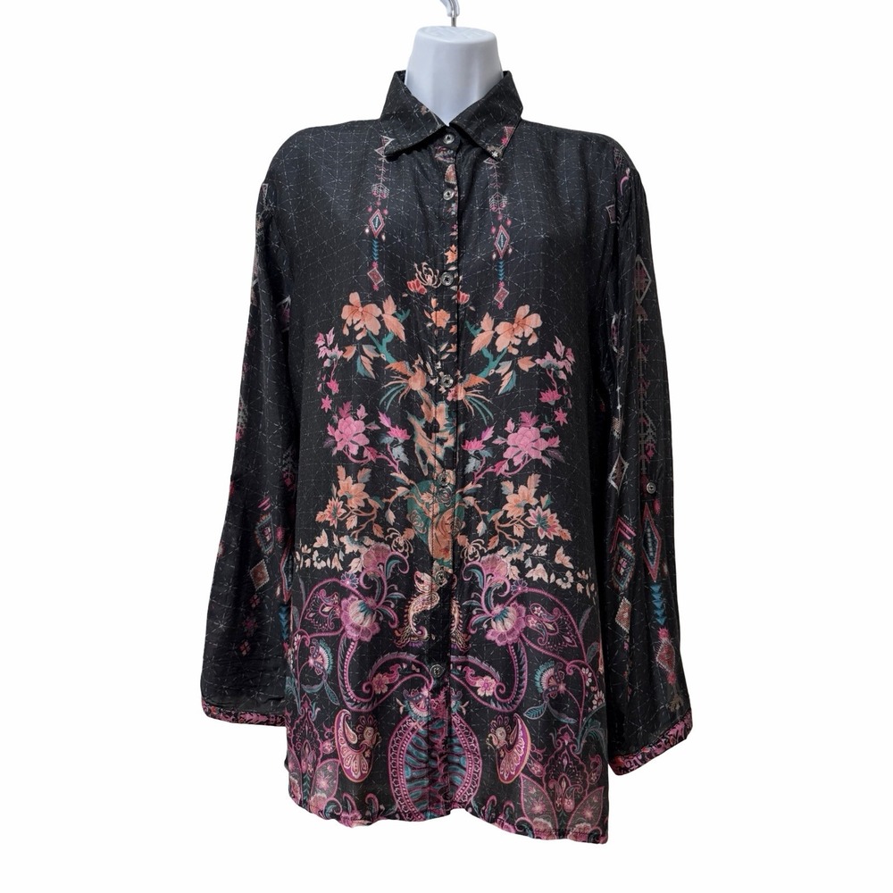 CIENNA Womens Floral Relaxed Button Up Silk Top Size M Black Lightweight Artsy